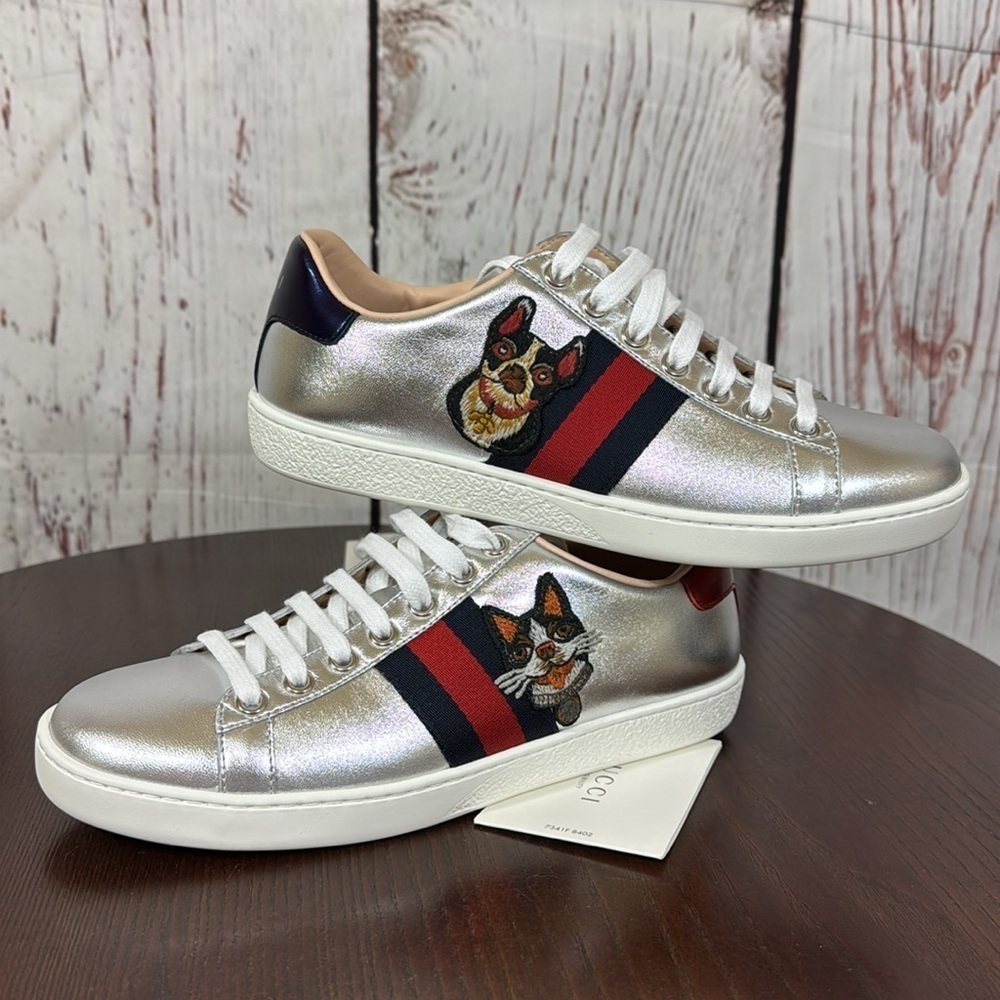 GUCCI ACE Year of the Dog Metallic Silver Women’s Napa Leather Sneakers 7 NiB - Picture 1 of 17